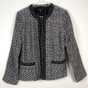 CYNTHIA ROWLEY Black White Tweed Collarless Blazer Jacket Bead & Sequin Detail